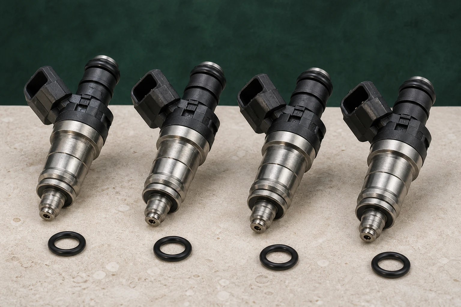 Four unbranded automotive fuel injectors with metal nozzles, molded electrical connectors and separate seal rings