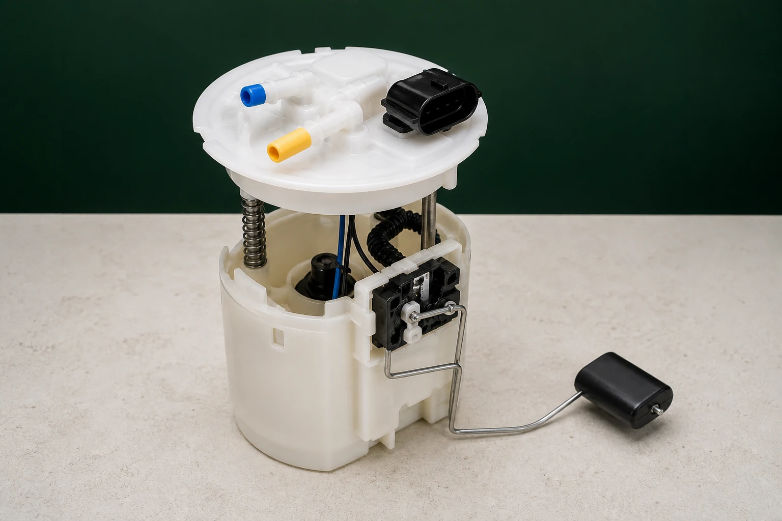 Unbranded in-tank electric fuel pump module with plastic reservoir, top flange, outlet ports, connector and float arm