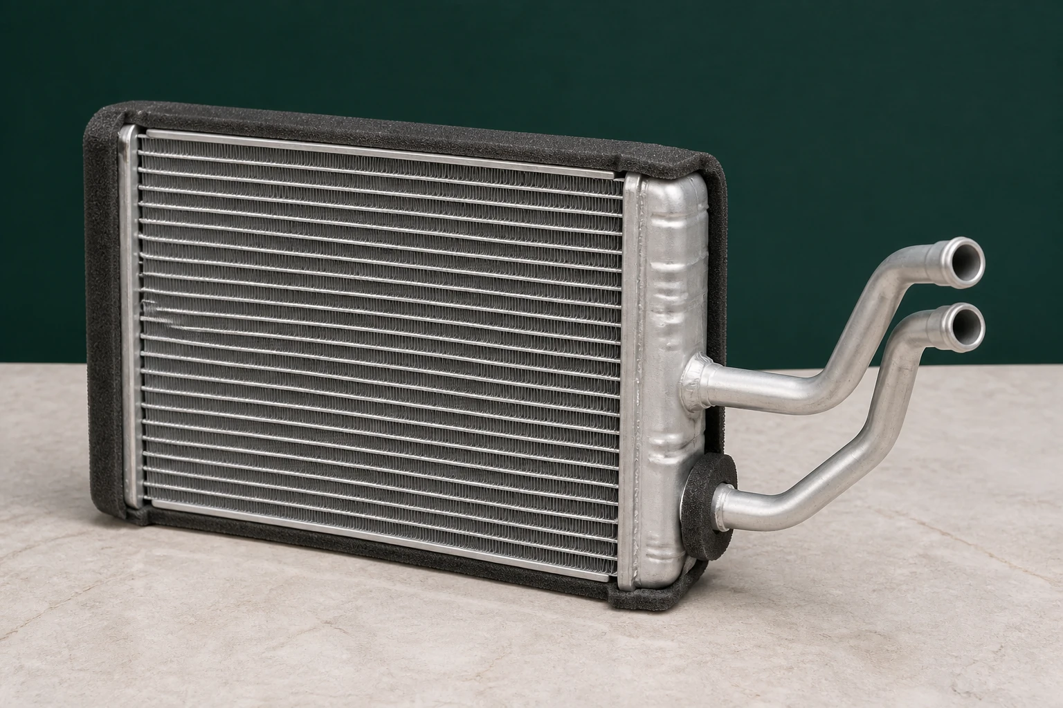 Unbranded automotive heater core with dense aluminum fins, paired coolant pipes, side tanks and protective foam seals