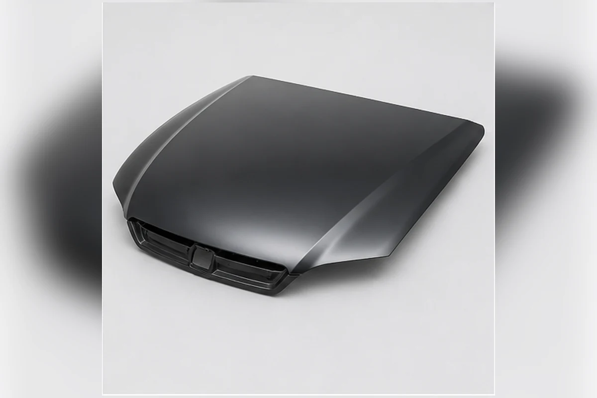 Steel hood panel with rolled edges, sculpted outer skin and latch area