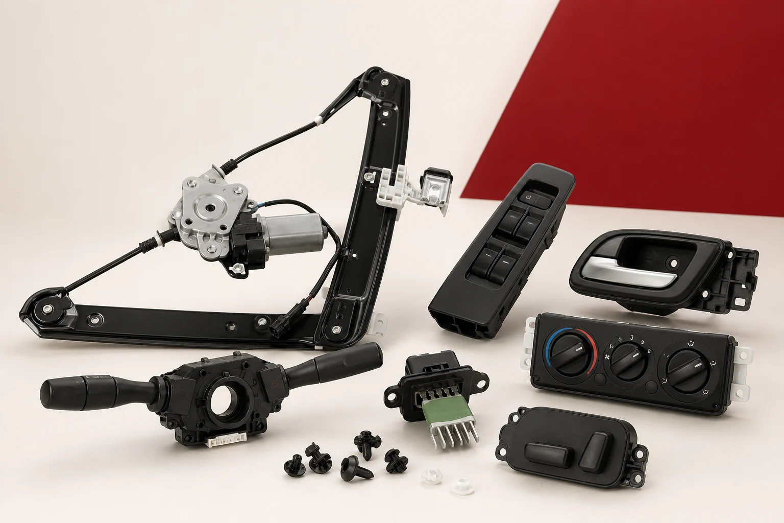 Generic passenger-car interior & controls components arranged for category presentation