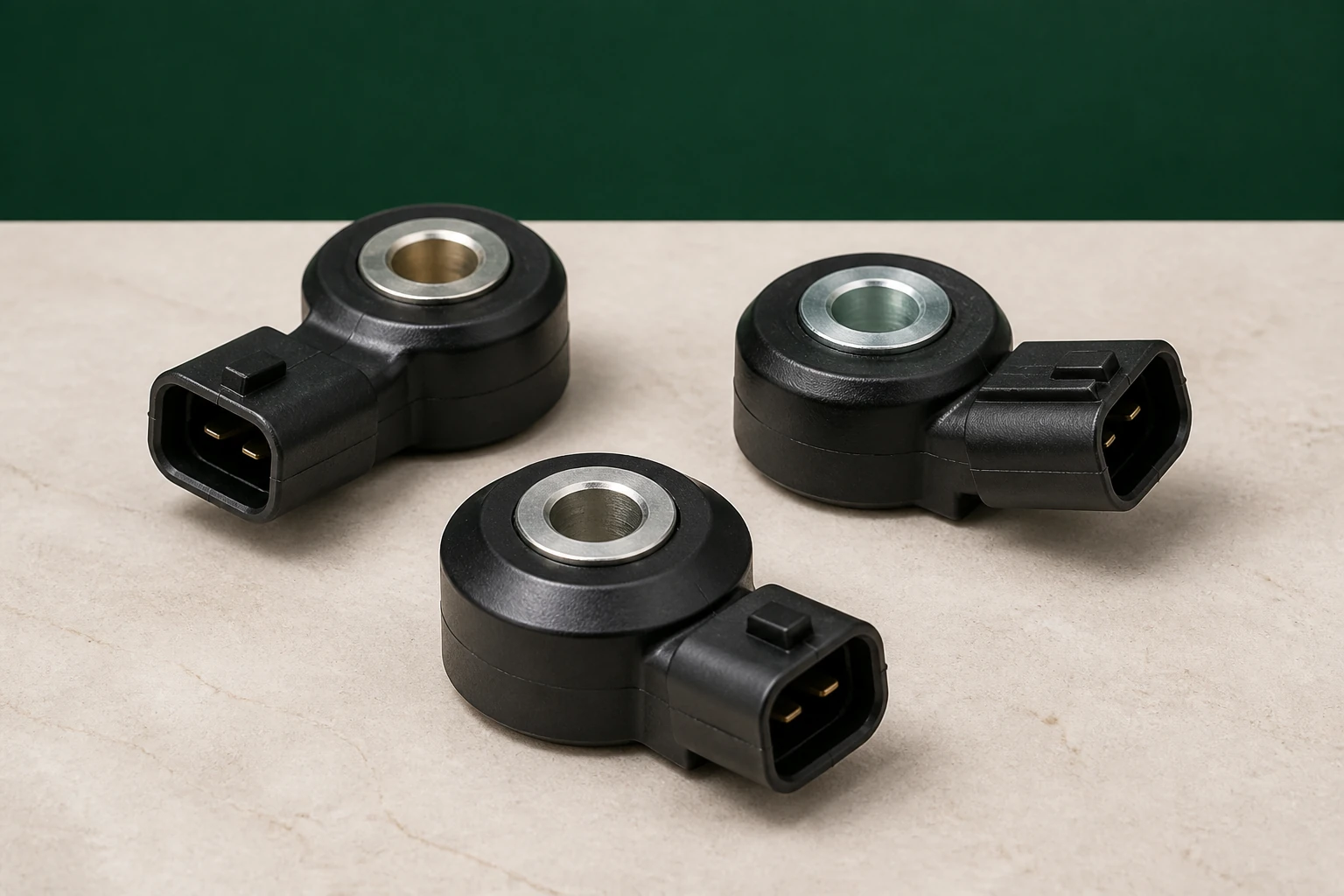 Unbranded automotive knock sensors with ring-shaped piezo bodies, center mounting holes and electrical connectors