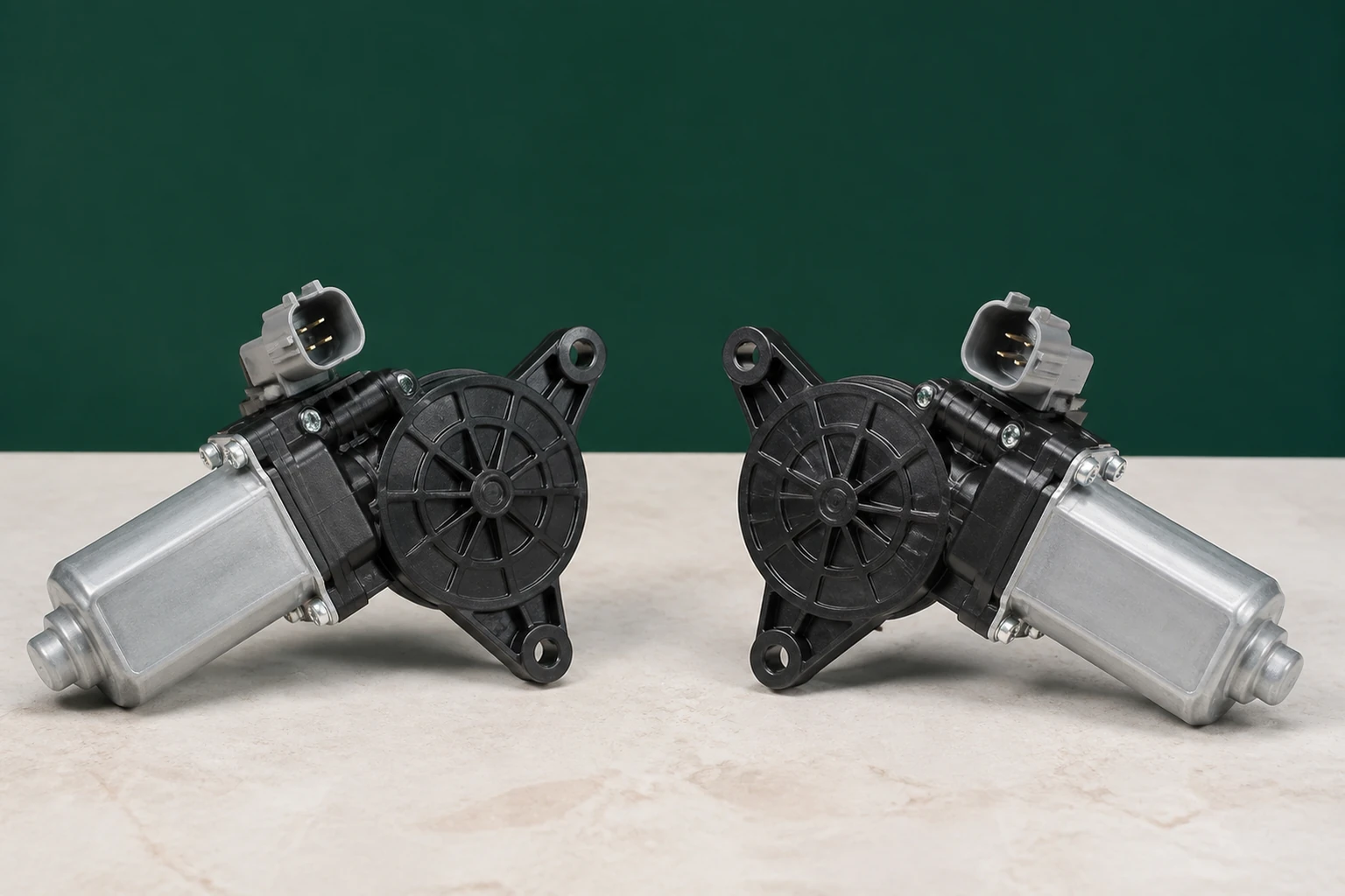 Left and right unbranded power window motors with gear housings, three-point mounts and keyed electrical connectors