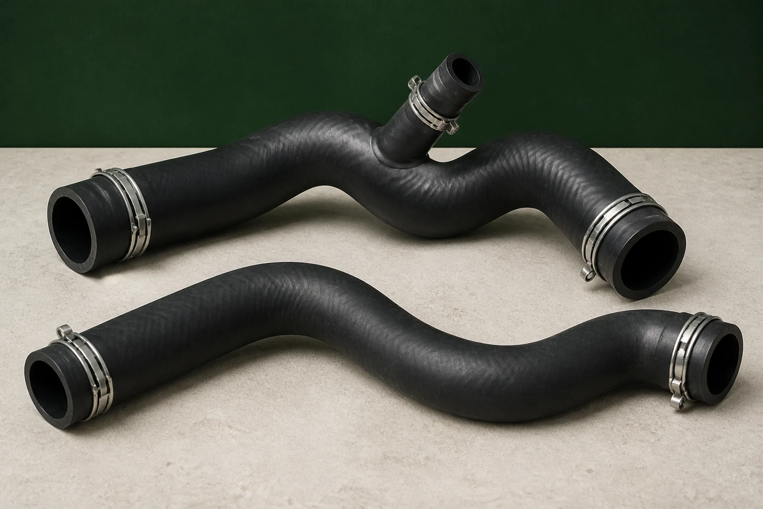 Unbranded molded upper and lower radiator hoses with formed bends, branch connection and spring clamps