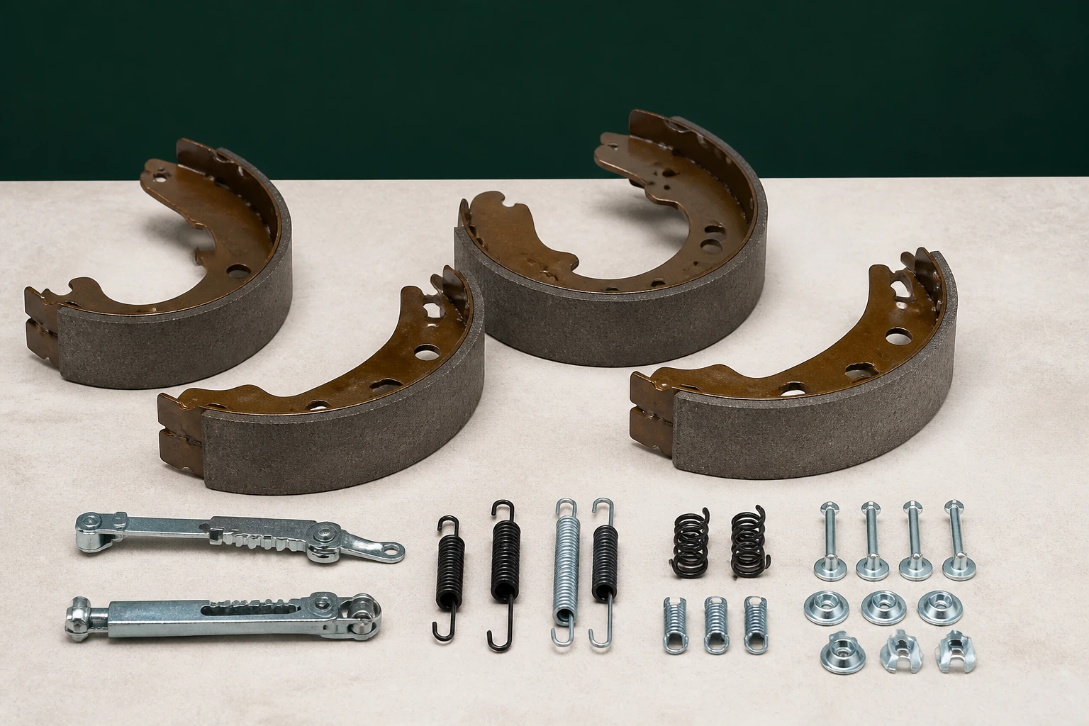 Four unbranded curved rear brake shoes with bonded friction linings plus springs and adjuster hardware