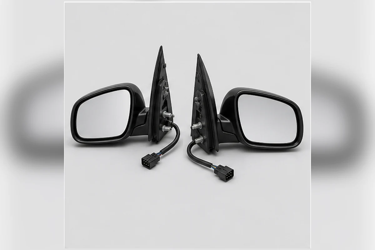 Pair of exterior side-mirror assemblies with glass, housings, door mounts and connectors