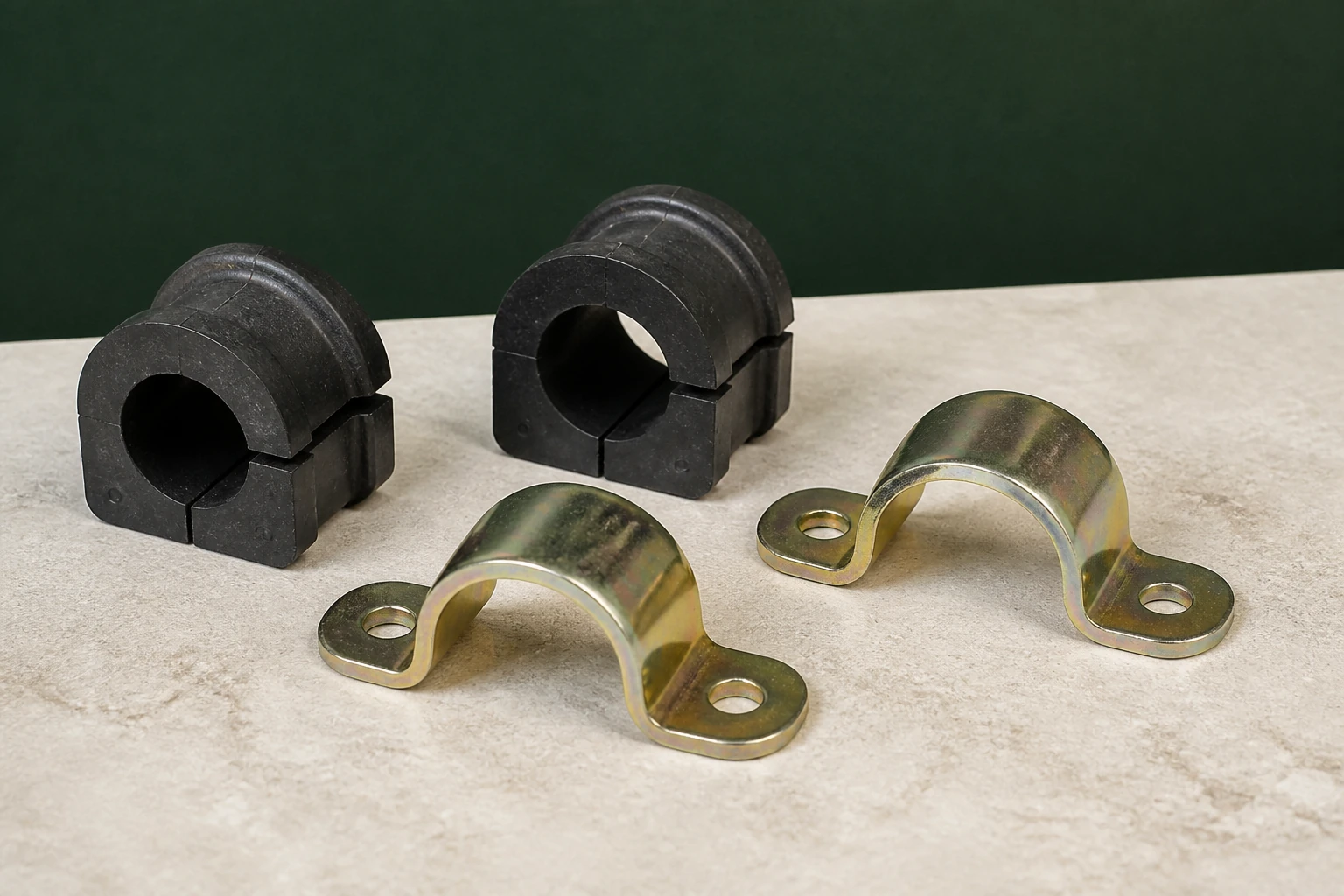 Pair of unbranded split rubber stabilizer bar bushings with matching stamped steel clamp brackets