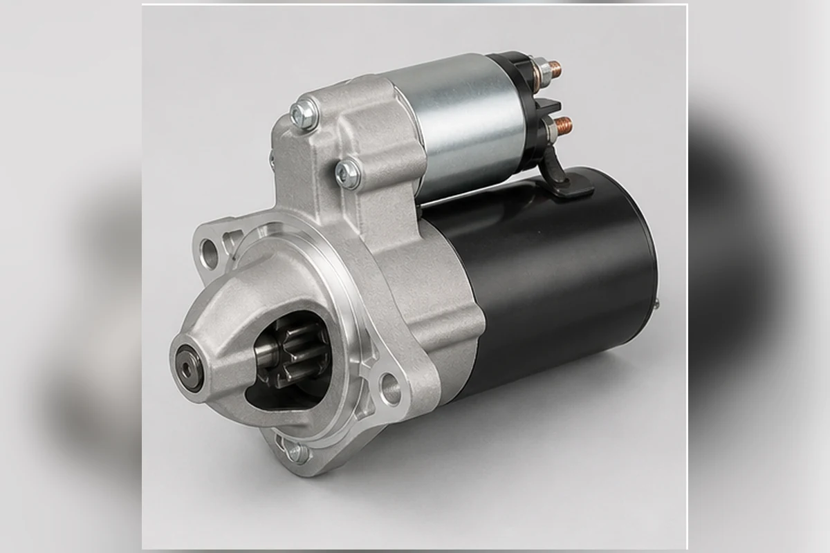 Starter motor with cylindrical body, solenoid, pinion housing and mounting flange