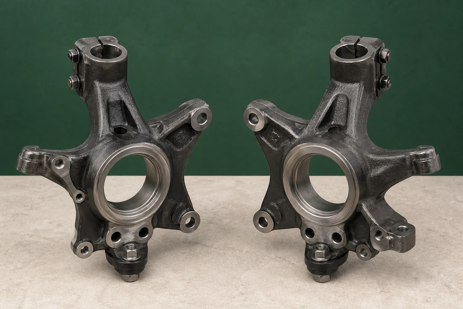 Left and right unbranded cast steering knuckles showing hub bores, strut clamps, ball-joint and caliper mounting points