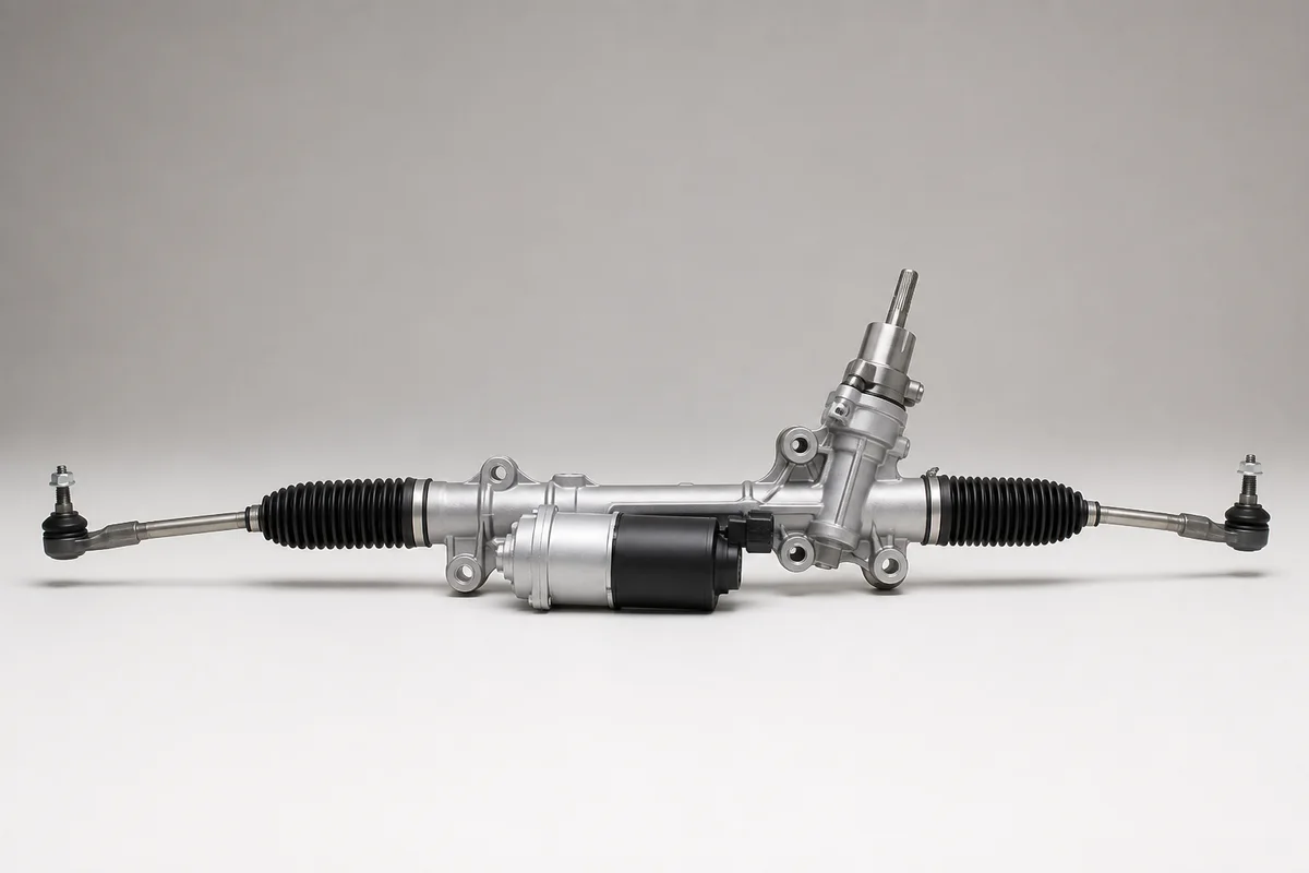 Unbranded rack-and-pinion steering gear illustration with input shaft and tie-rod ends