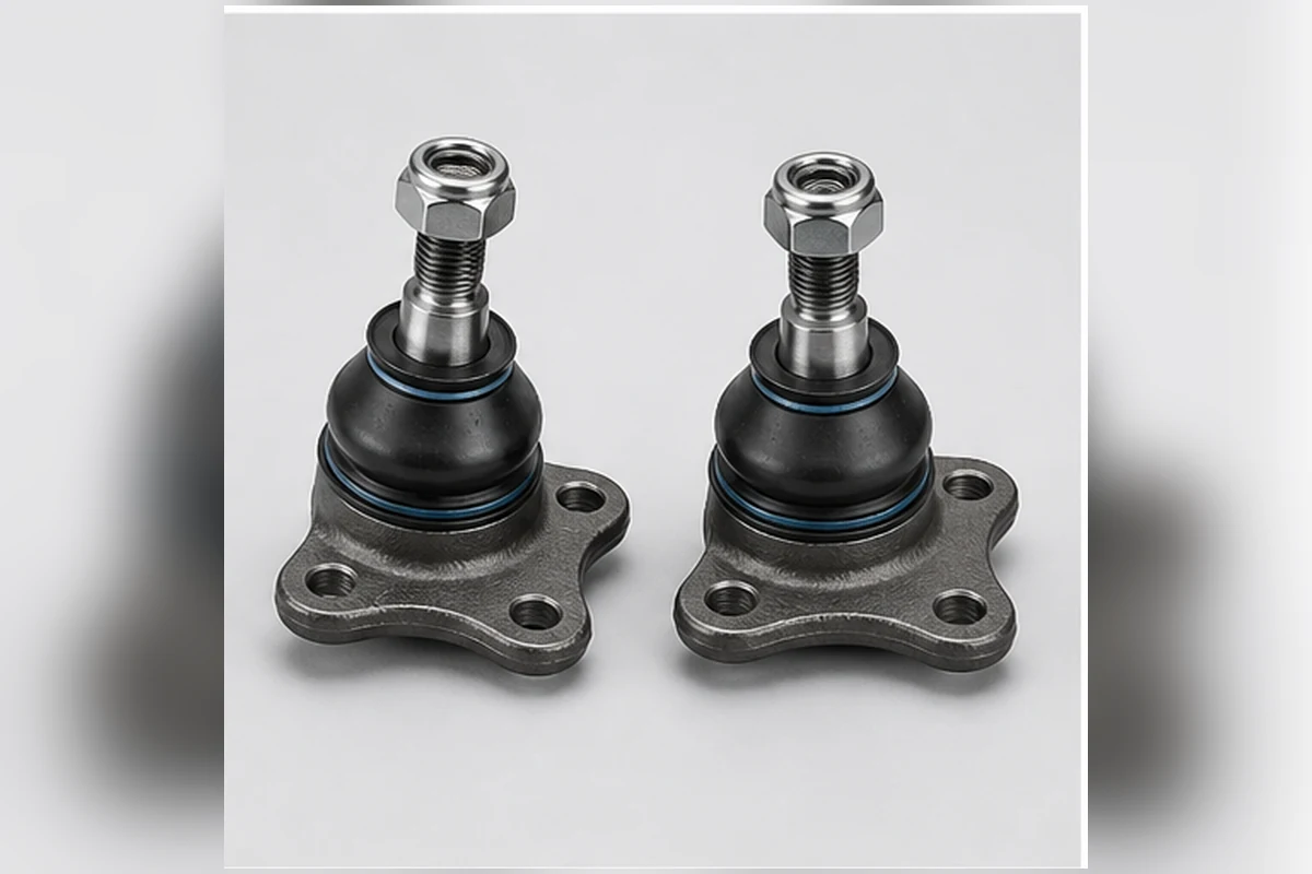 Pair of suspension ball joints with tapered studs, rubber boots and mounting flanges
