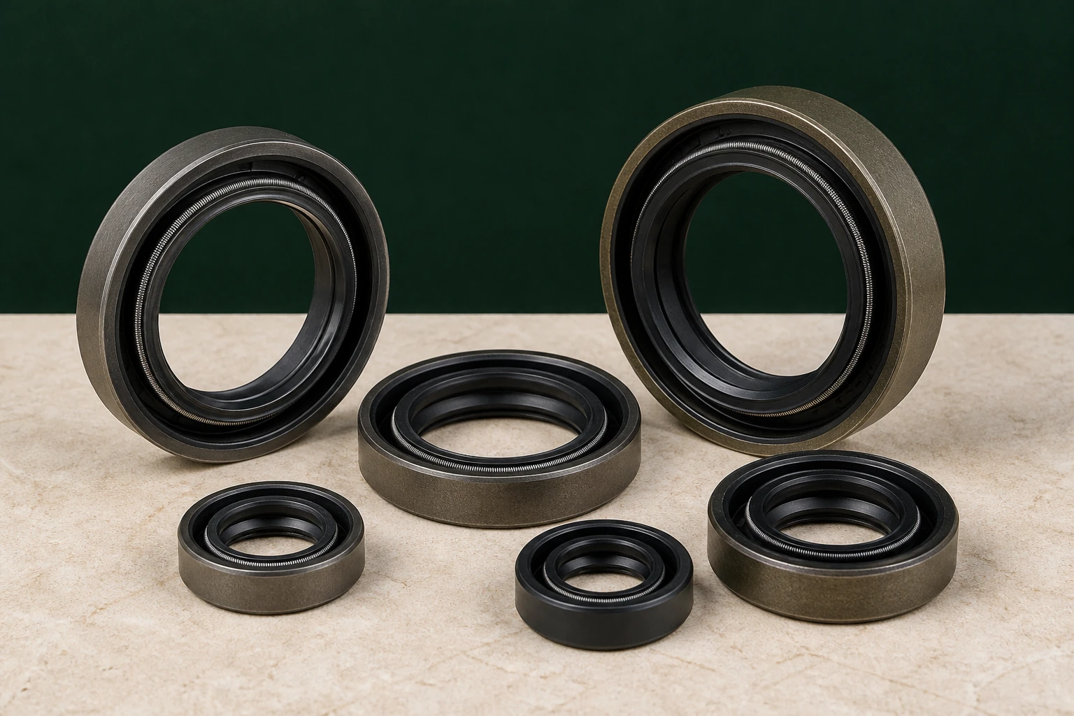 Set of unbranded transaxle shaft oil seals in different diameters with molded lips, metal cases and retaining springs