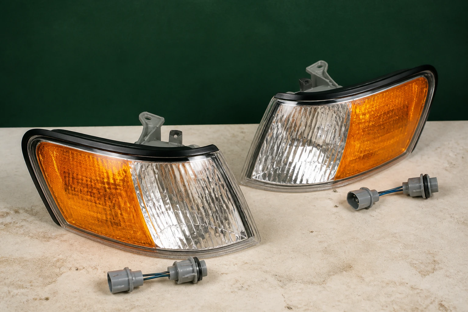 Pair of unbranded amber-clear automotive turn signal lamp assemblies with housings, mounting tabs and connectors