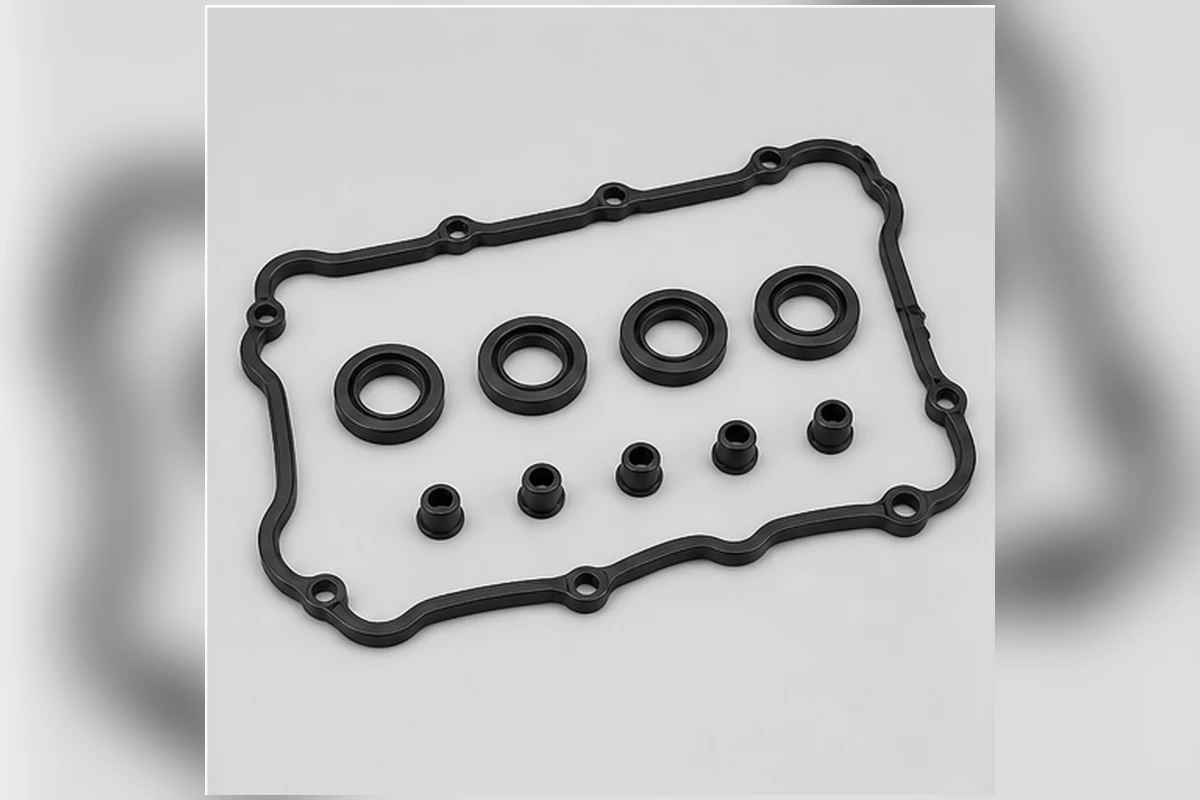 Valve-cover gasket set with molded perimeter, plug-well seals and rubber grommets
